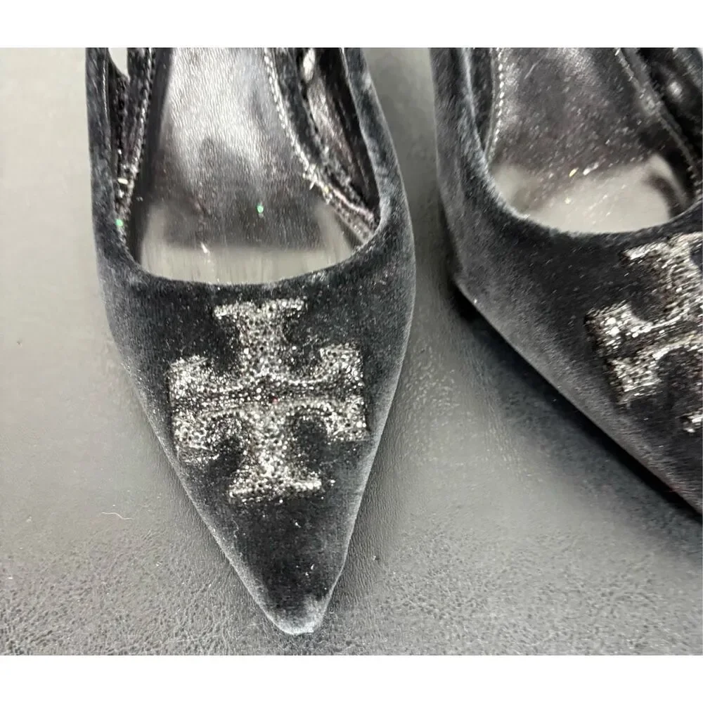 Tory Burch Women's Eleanor Pave Pointed Toe Slingback Pumps Black 7 1/2